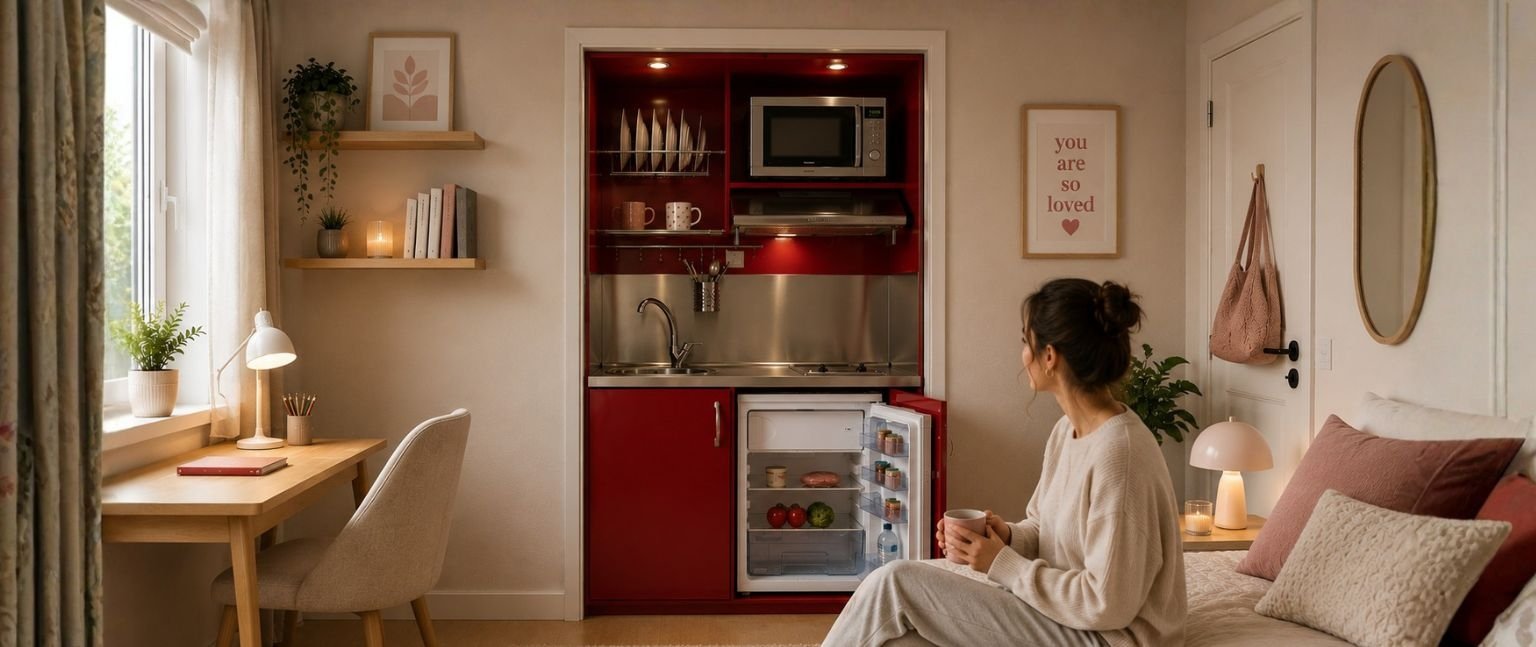 Γυναίκα χαλαρώνει σε cozy δωμάτιο φιλοξενίας με κόκκινο πολυκουζινάκι, ανοιχτό ψυγείο και ζεστό φωτισμό, ιδανικό για ξενοδοχεία, studio και Airbnb καταλύματα.