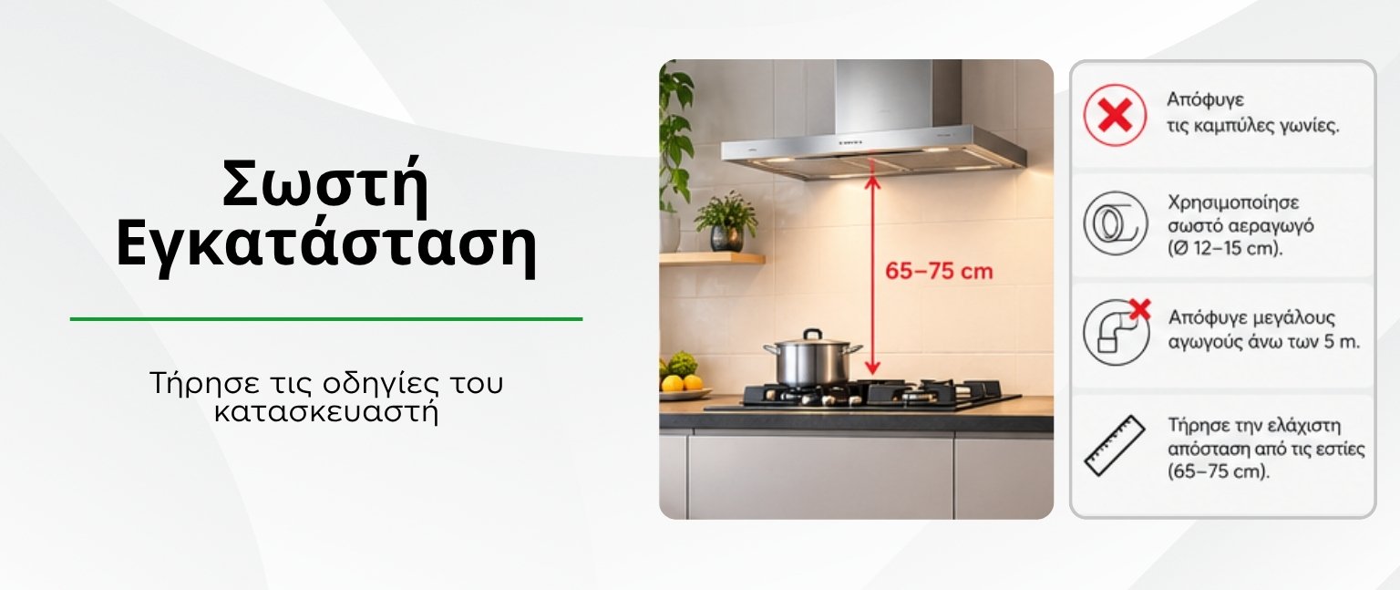 Οδηγίες εγκατάστασης απορροφητήρα με απόσταση 65–75 cm από τις εστίες και σωστή τοποθέτηση αεραγωγού