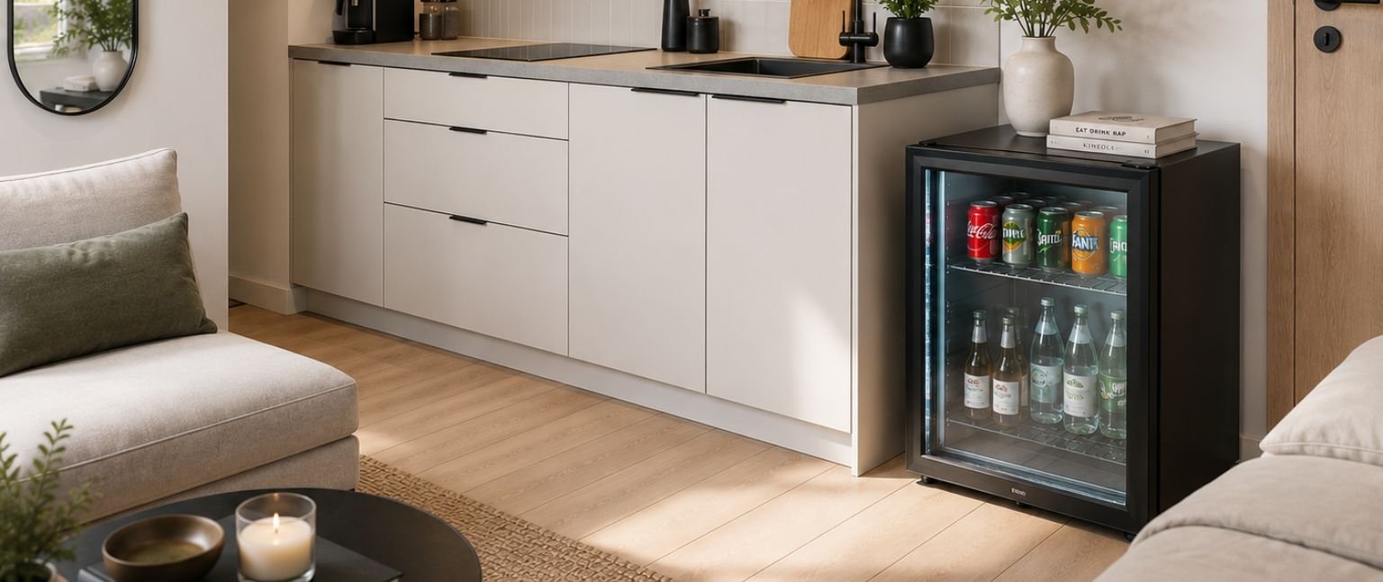 Μαύρο mini bar ψυγείο με γυάλινη πόρτα σε σύγχρονο studio διαμέρισμα, τοποθετημένο δίπλα σε μίνι κουζίνα με φωτεινά ντουλάπια και ξύλινο δάπεδο.