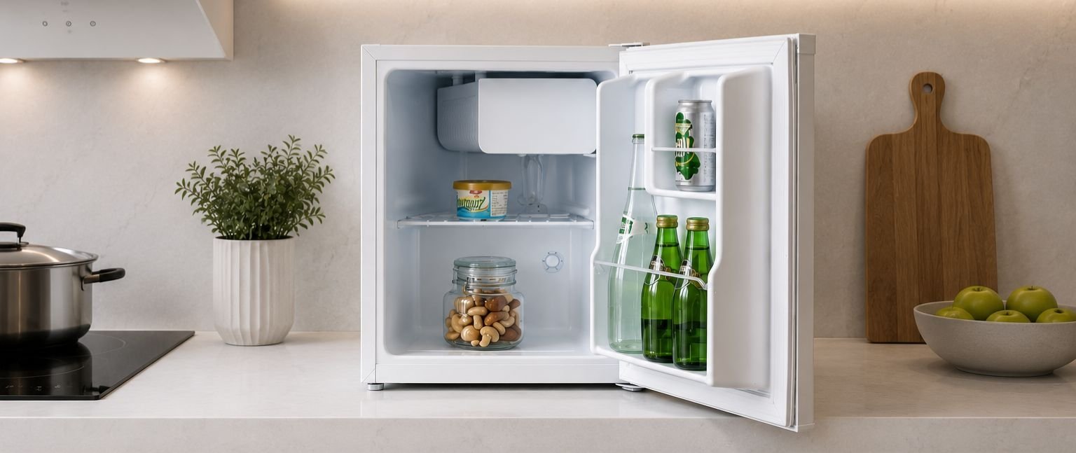 Λευκό mini bar ψυγείο επάνω σε πάγκο κουζίνας, με ανοιχτή πόρτα και αναψυκτικά στο εσωτερικό, σε μοντέρνα κουζίνα με κεραμική εστία και minimal αισθητική.