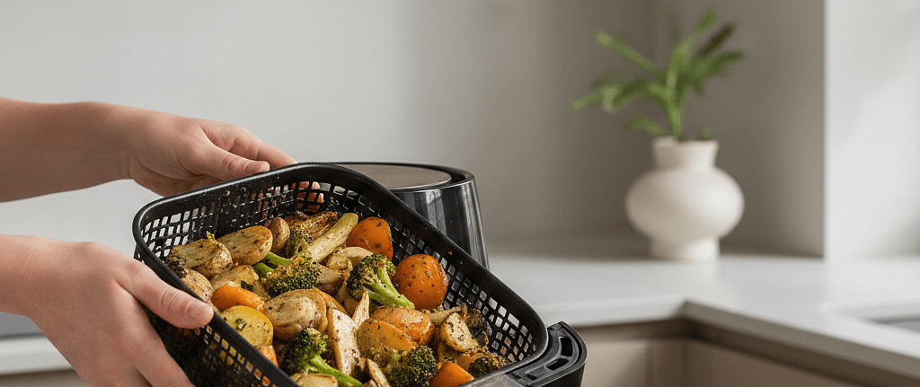 MultiHome Air Fryer με καλάθι και ψημένα λαχανικά σε μοντέρνα κουζίνα