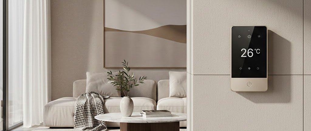 MultiHome inverter air conditioner thermostat set at 26°C in a modern living room for optimal energy efficiency